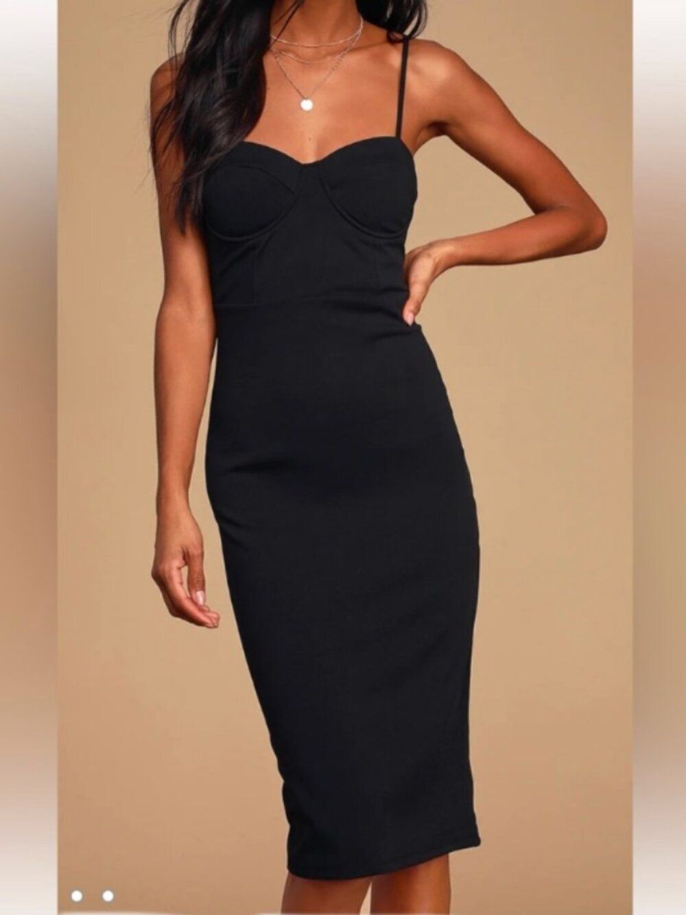 Lulu's Black Midi Bodycon Dress with Spaghetti Straps